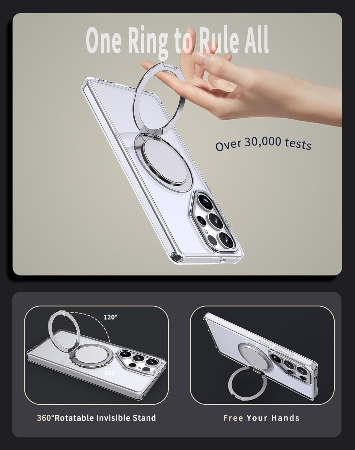 iTape Magnetic phone case for Samsung Galaxy S25 Ultra, mechanical gear 360° rotating bracket supports wireless charging, shockproof ultra-thin shell Gray