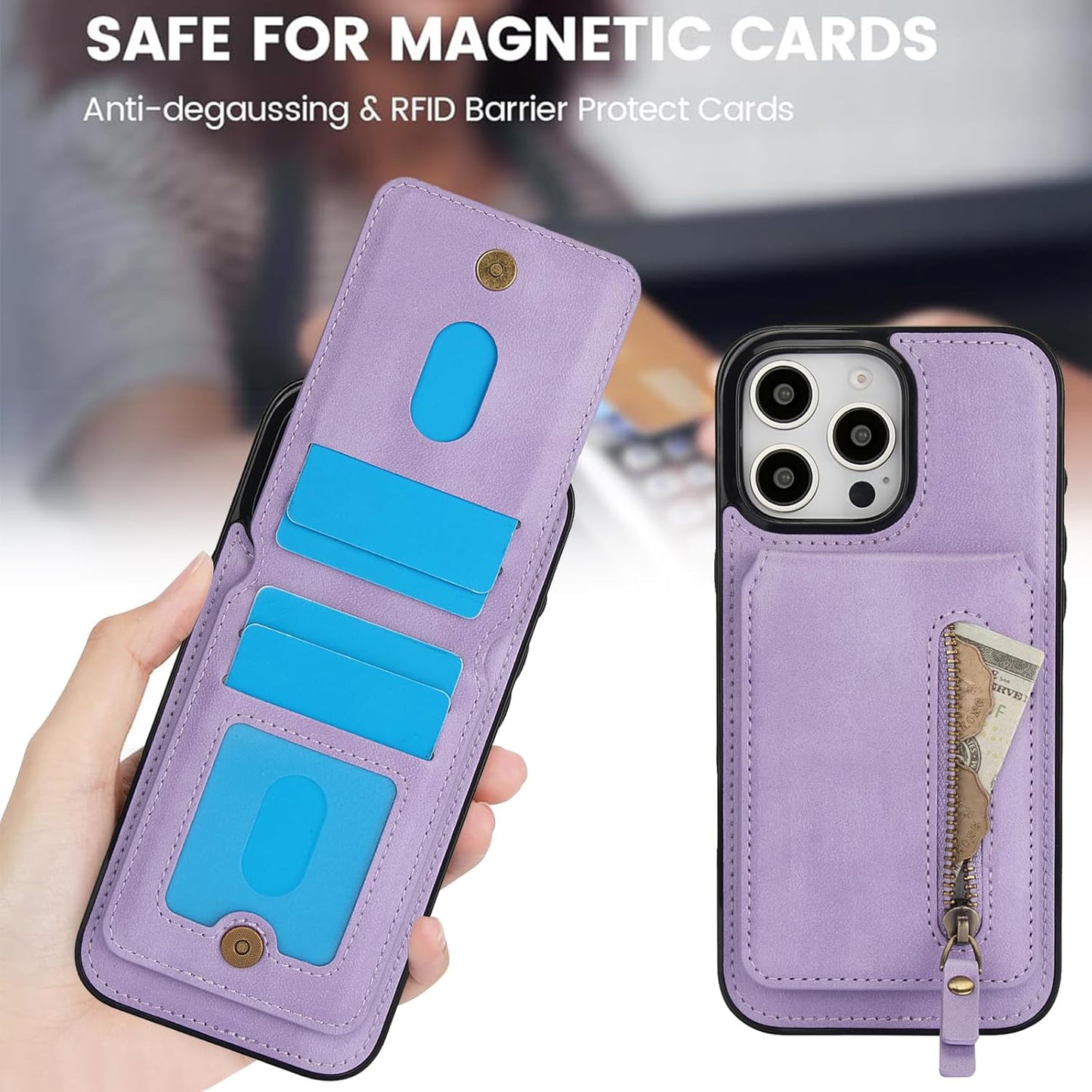 Magnetic card holder phone case suitable for iPhone 16 Pro, zipper magnetic split magnetic wallet with adjustable bracket Brown