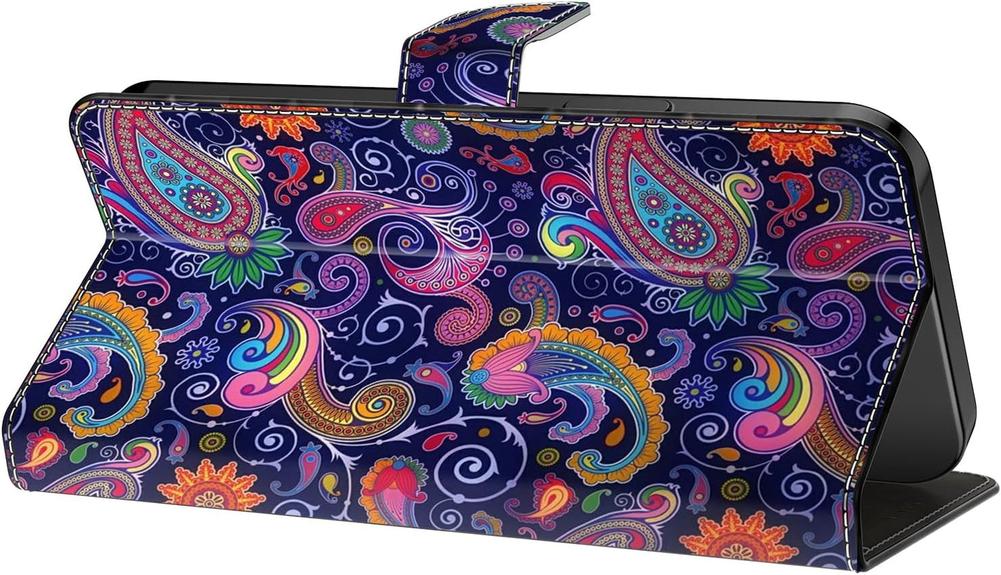 Graffiti wallet phone case for iPhone 16E, shockproof phone case, card slot wallet, flip stand phone case Mandala animal feather pattern