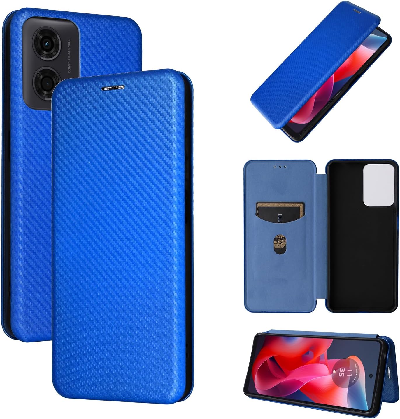 iTape Carbon fiber phone case for Motorola Moto G 04. Magnetic flip phone case, credit card slot, wallet case, shockproof and drop-proof Green