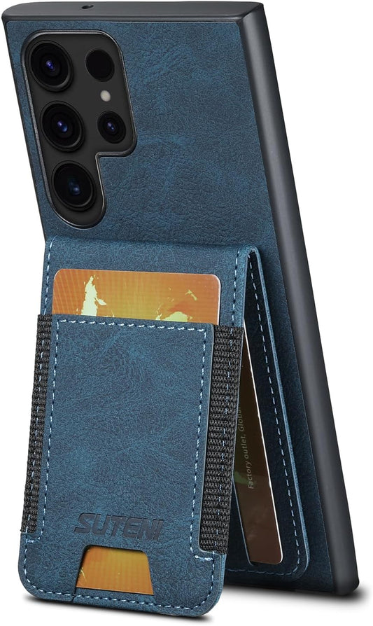 iTape Litchi Texture Phone Case for Samsung Galaxy S23 Ultra - Ultra-thin Simple Card Holder Phone Case with Stand Durable Buffer [Shockproof TPU Inner Shell] Blue