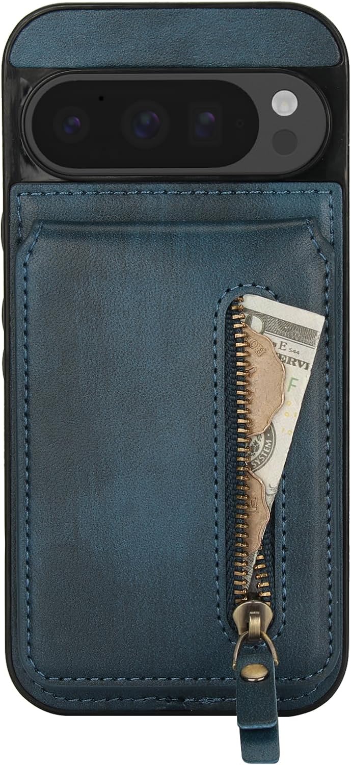 iTape Magnetic card holder phone case suitable for Google Pixel 9 Pro, zipper magnetic split magnetic wallet with adjustable bracket