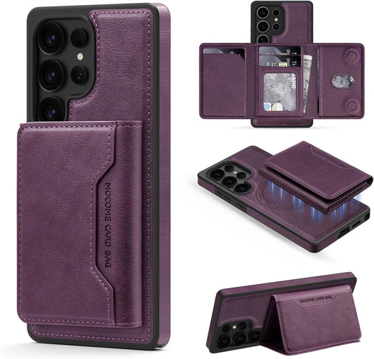 2 in 1 card holder phone case for Samsung Galaxy S25 Ultra, magnetic leather phone case magnetic car mount wireless charging, card holder holder Purple