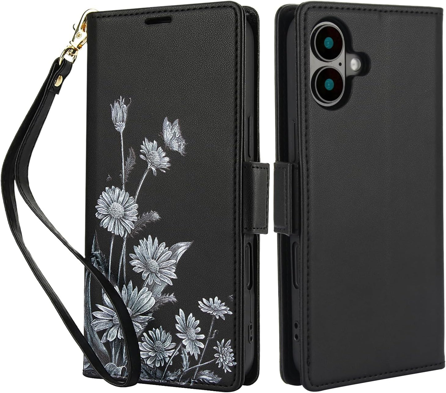 Printed Wallet Phone Case for iPhone 16 Plus, RFID (Anti-Theft), Wallet Flip Stand with Wrist Strap for iPhone 16 Plus Rose Gold