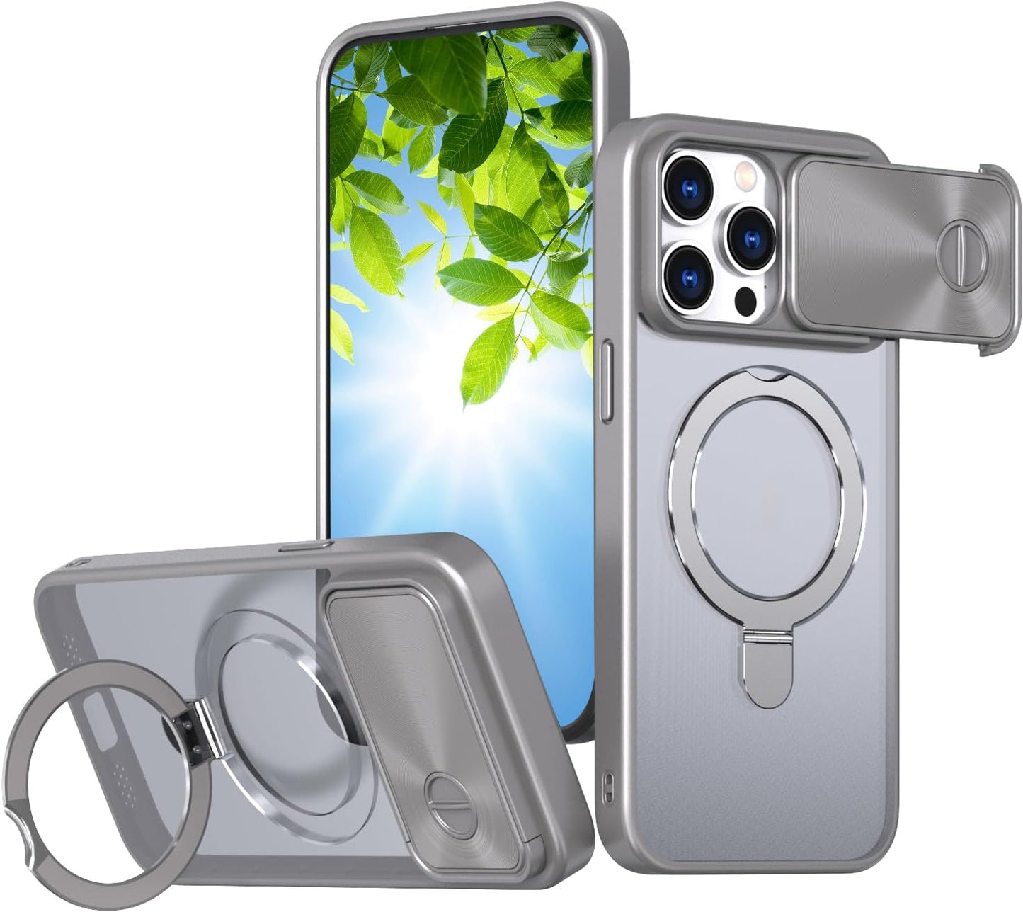 Magnetic mobile phone case for iPhone 15 Pro max, 360° rotating bracket supports wireless charging, camera sliding window protection, shockproof ultra-thin shell