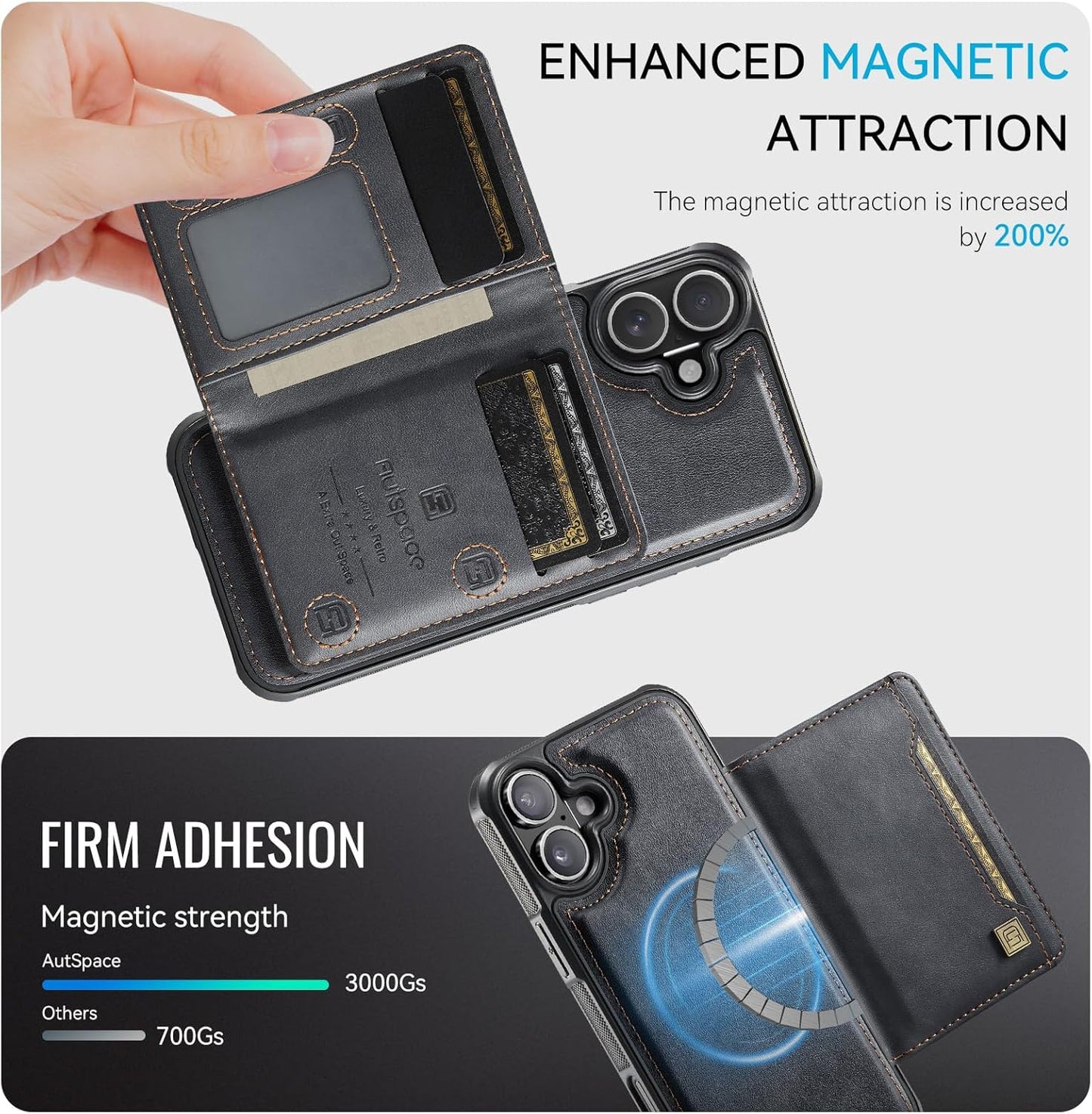 Double magnetic card holder mobile phone case for iPhone 16, RFID (anti-theft), supports car magnetic suction function + multi-directional bracket Blue