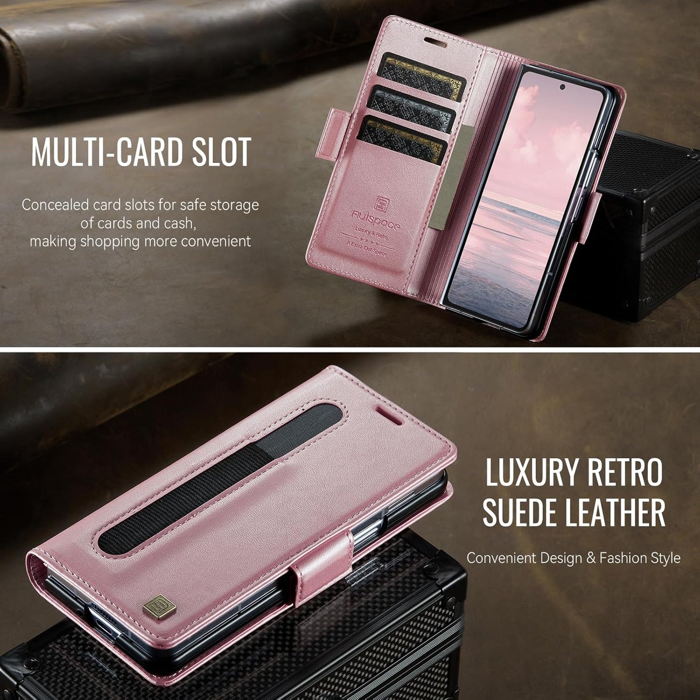iTape Soft leather wallet case for Samsung Z Fold6, RFID (anti-theft), wallet card slot flip cover stand for Samsung Z Fold6 Support wireless charging Rose Gold