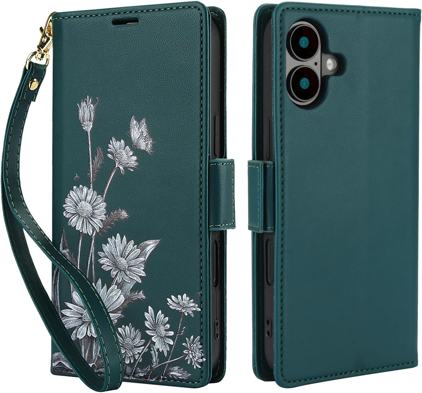 Printed Wallet Phone Case for iPhone 16 Plus, RFID (Anti-Theft), Wallet Flip Stand with Wrist Strap for iPhone 16 Plus Rose Gold