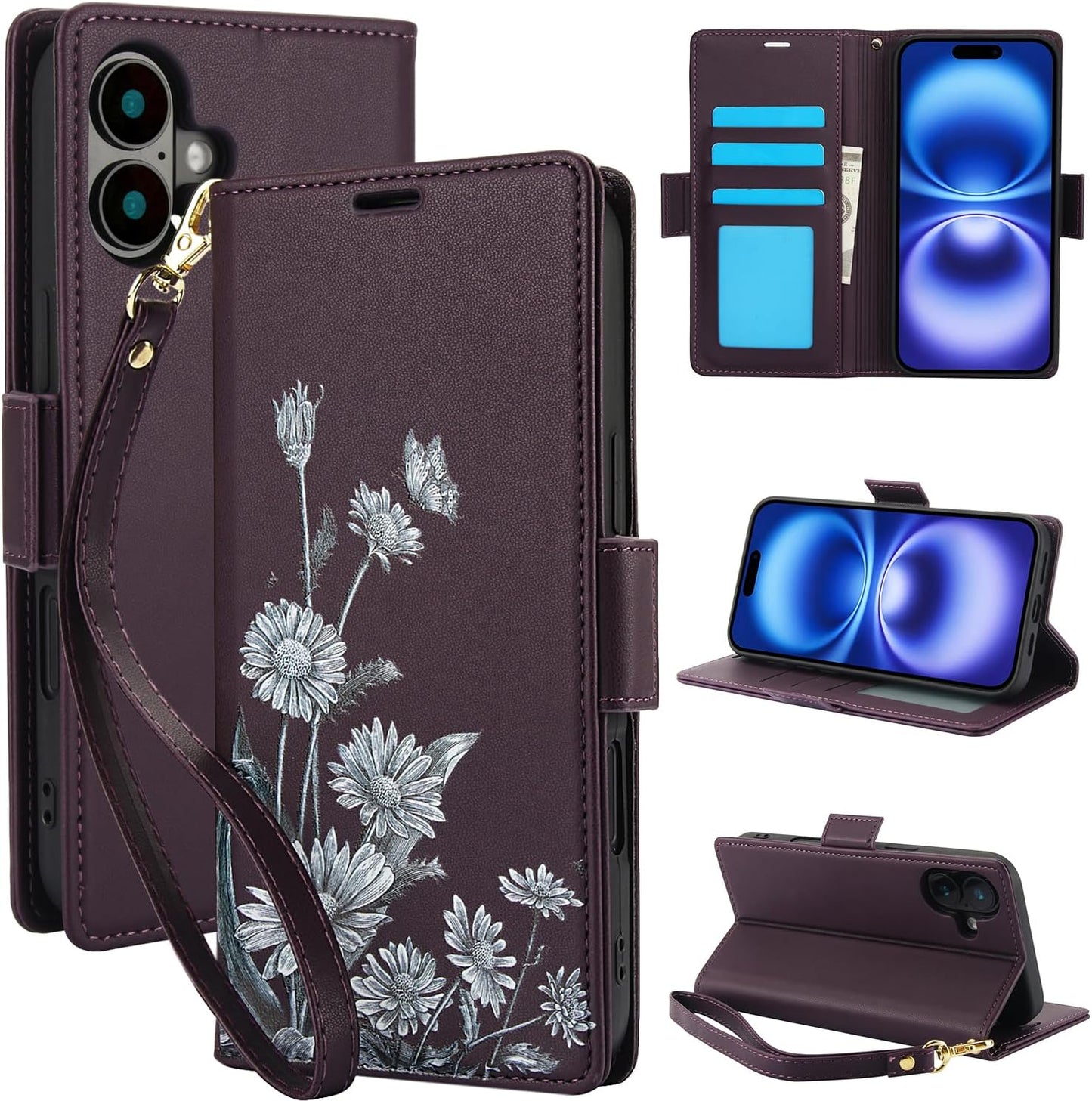 Printed Wallet Phone Case for iPhone 16 Plus, RFID (Anti-Theft), Wallet Flip Stand with Wrist Strap for iPhone 16 Plus Rose Gold