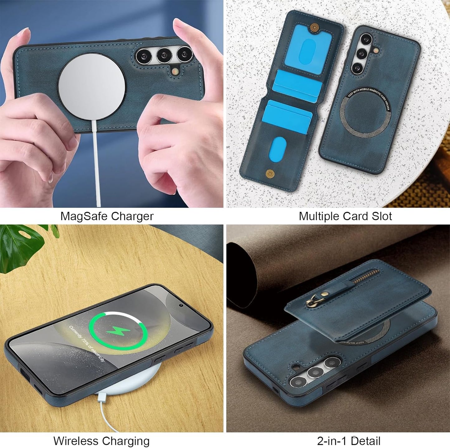 iTape Magnetic card holder phone case suitable for Samsung Galaxy S24+, zipper magnetic split magnetic wallet with adjustable bracket Blue