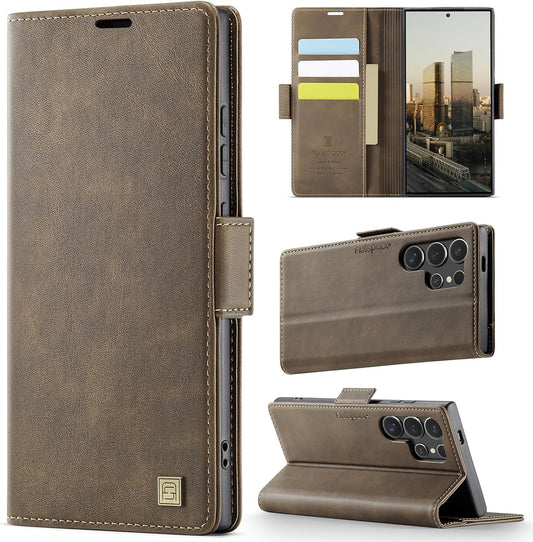 iTape Soft leather wallet case for Samsung Galaxy S24 Ultra, RFID (anti-theft), wallet card slot flip cover stand for Samsung Galaxy S24 Ultra Support wireless charging Brown
