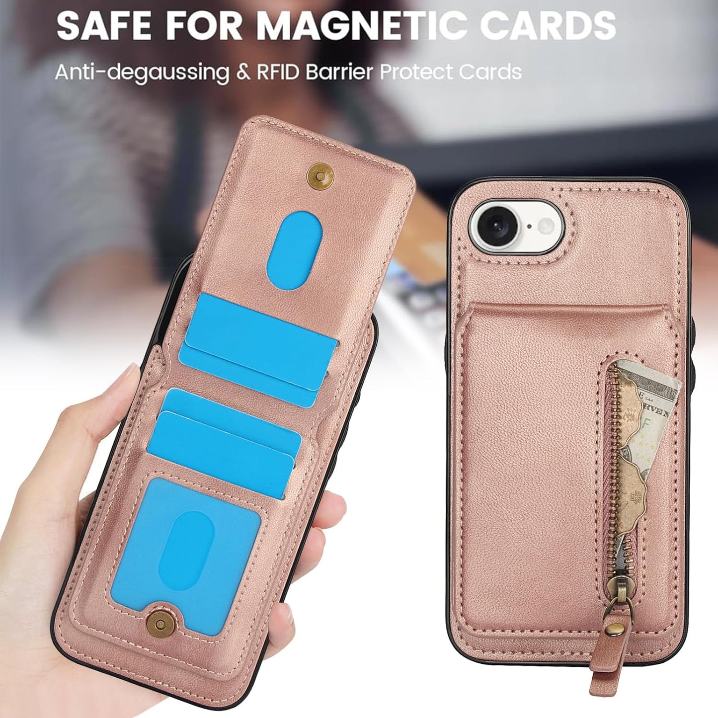 Magnetic card holder phone case suitable for iPhone 16E, zipper magnetic split magnetic wallet with adjustable bracket