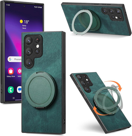 iTape Retro magnetic mobile phone case for Samsung Galaxy S25 Ultra, wireless charging magnetic car mount, round ring 360% rotating mount Green