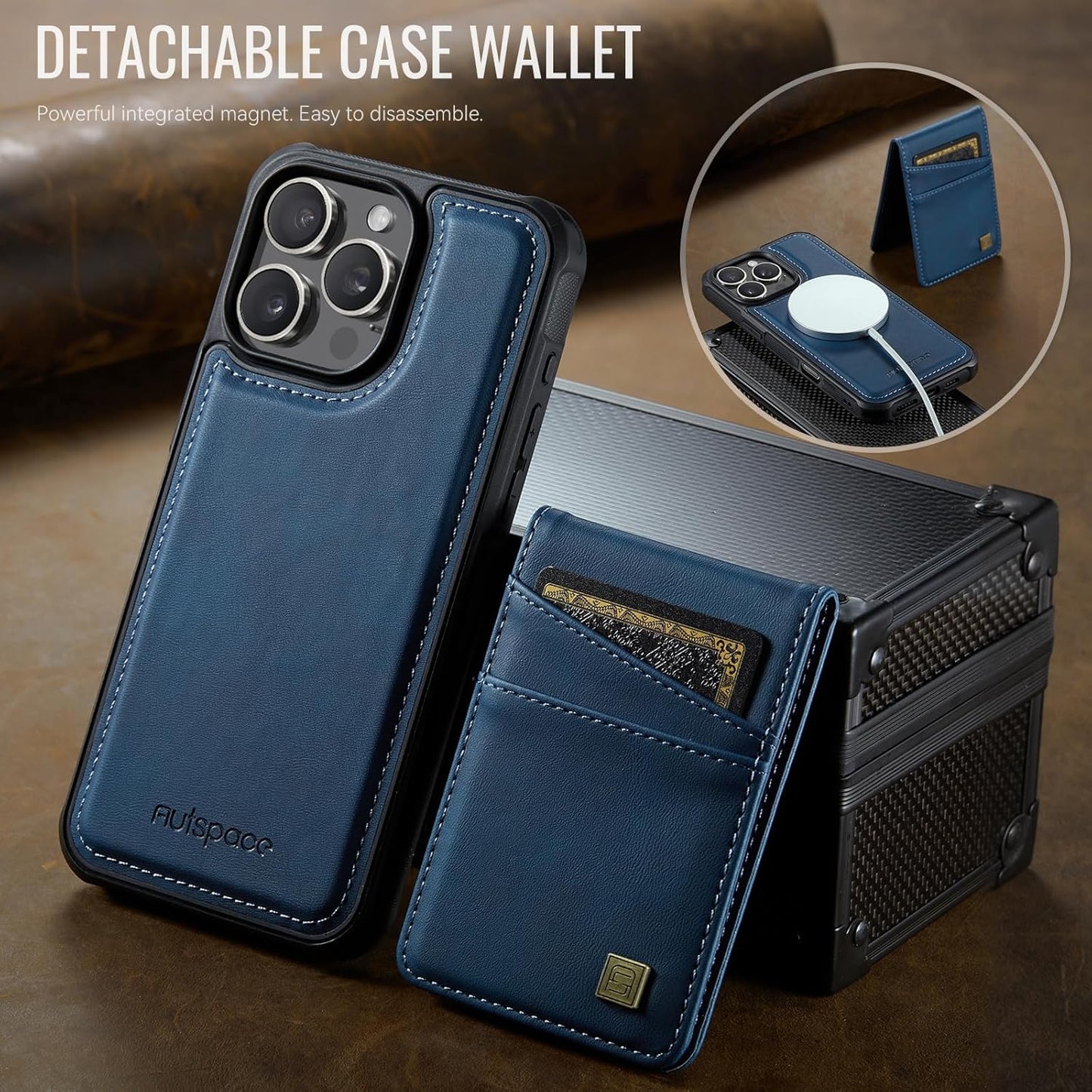Up and down card holder mobile phone case suitable for iPhone 16 Pro, RFID (anti-theft), supports car magnetic suction function, card slot wallet holder Blue