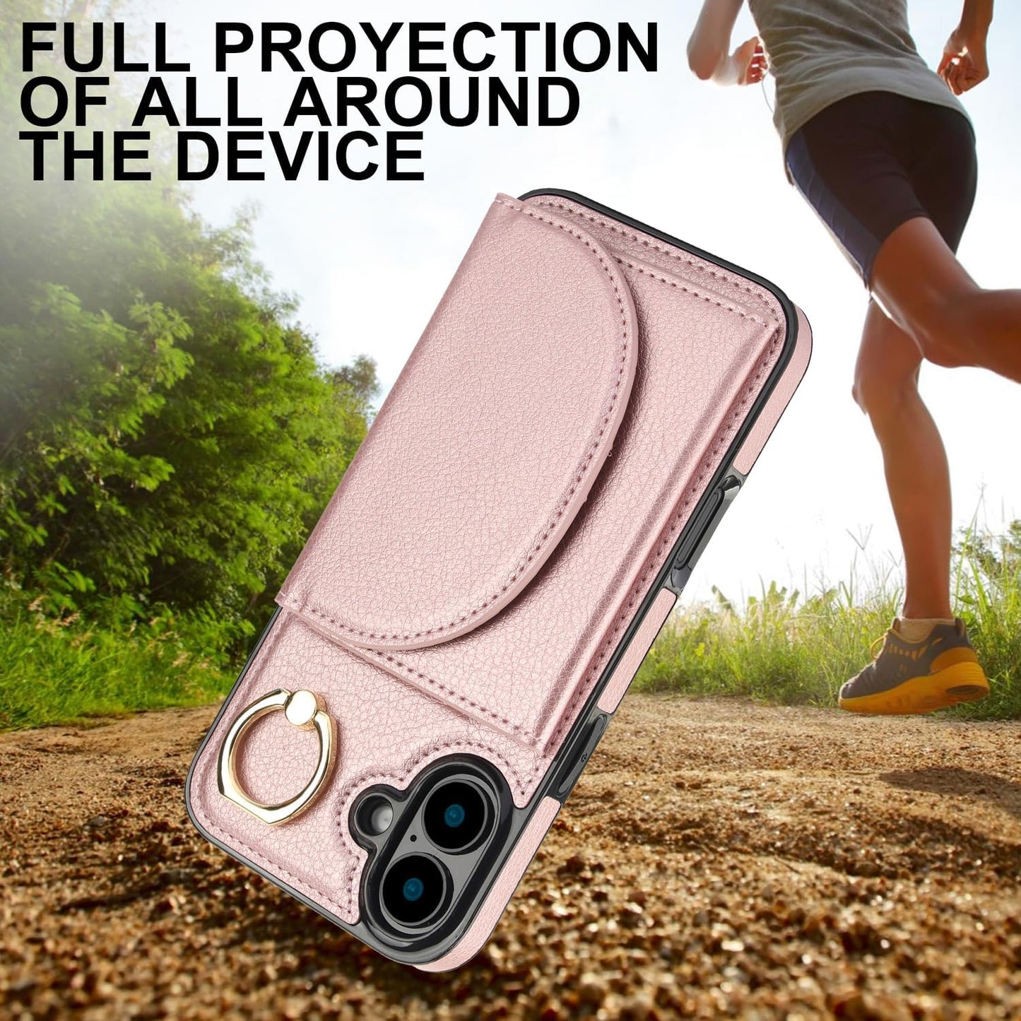 Tri-fold wallet case for iPhone 16 Plus, 360° rotating ring buckle stand, shockproof phone case coin purse card holder Black
