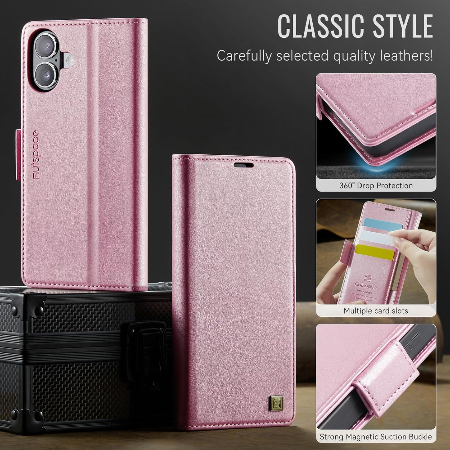 Soft leather wallet case for iPhone 16, RFID (anti-theft), wallet card slot flip cover stand for iPhone 16 Support wireless charging Rose Gold