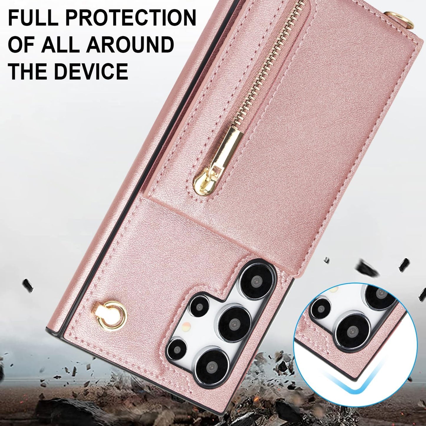 iTape Samsung Galaxy S24 Ultra Case Wallet, Zipper Coin Pouch, Credit Card Slot Holder, Wrist Strap, Samsung Galaxy S24 Ultra Case Adjustable Crossbody Lanyard [RFID Blocked]