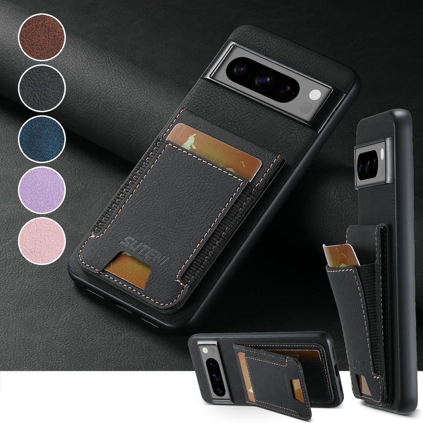 iTape Litchi Texture Phone Case for Google Pixel 8 Pro - Ultra-thin Simple Card Holder Phone Case with Stand Durable Buffer [Shockproof TPU Inner Shell] Black
