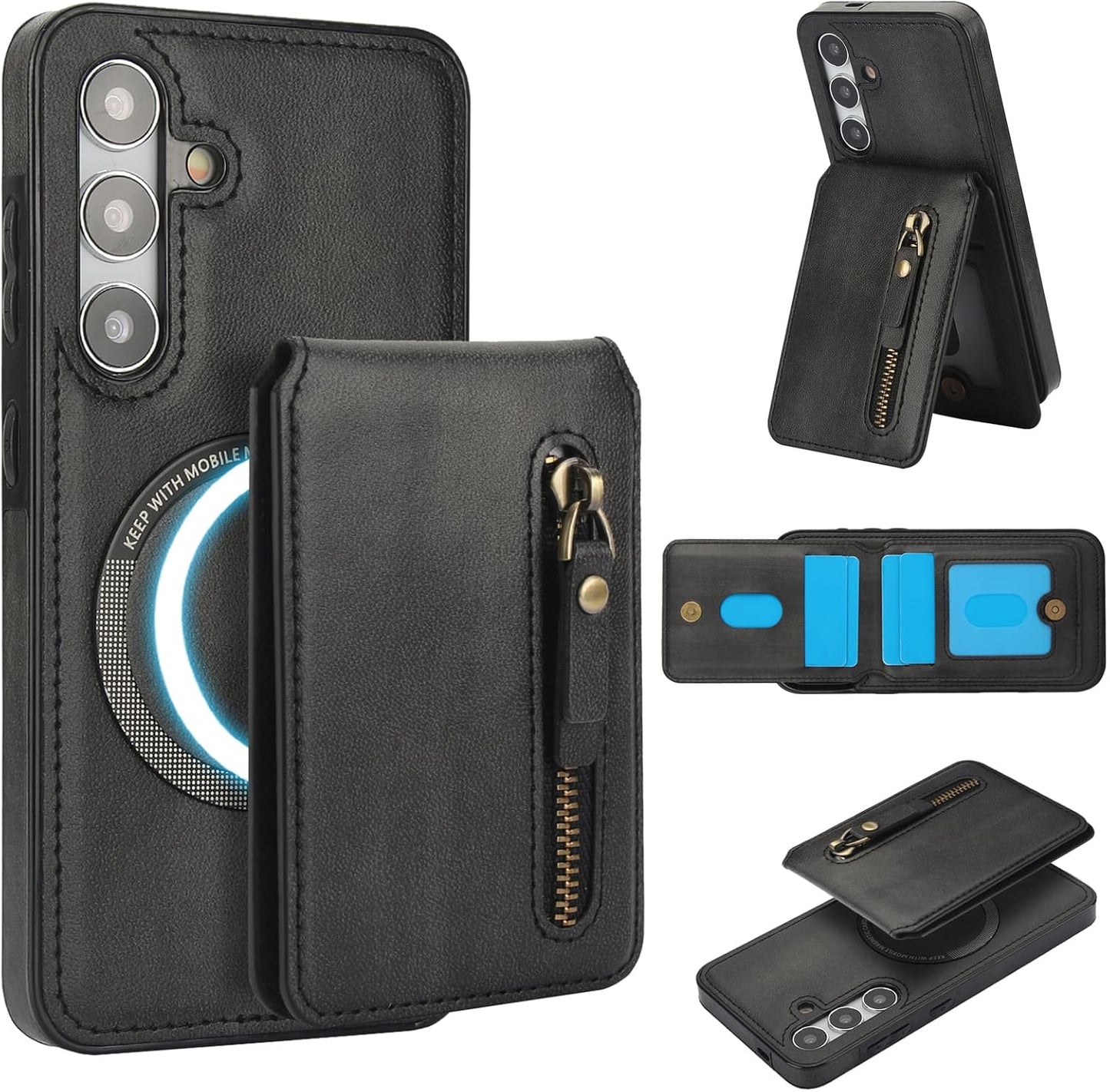 iTape Magnetic card holder phone case suitable for Samsung Galaxy S24+, zipper magnetic split magnetic wallet with adjustable bracket Blue