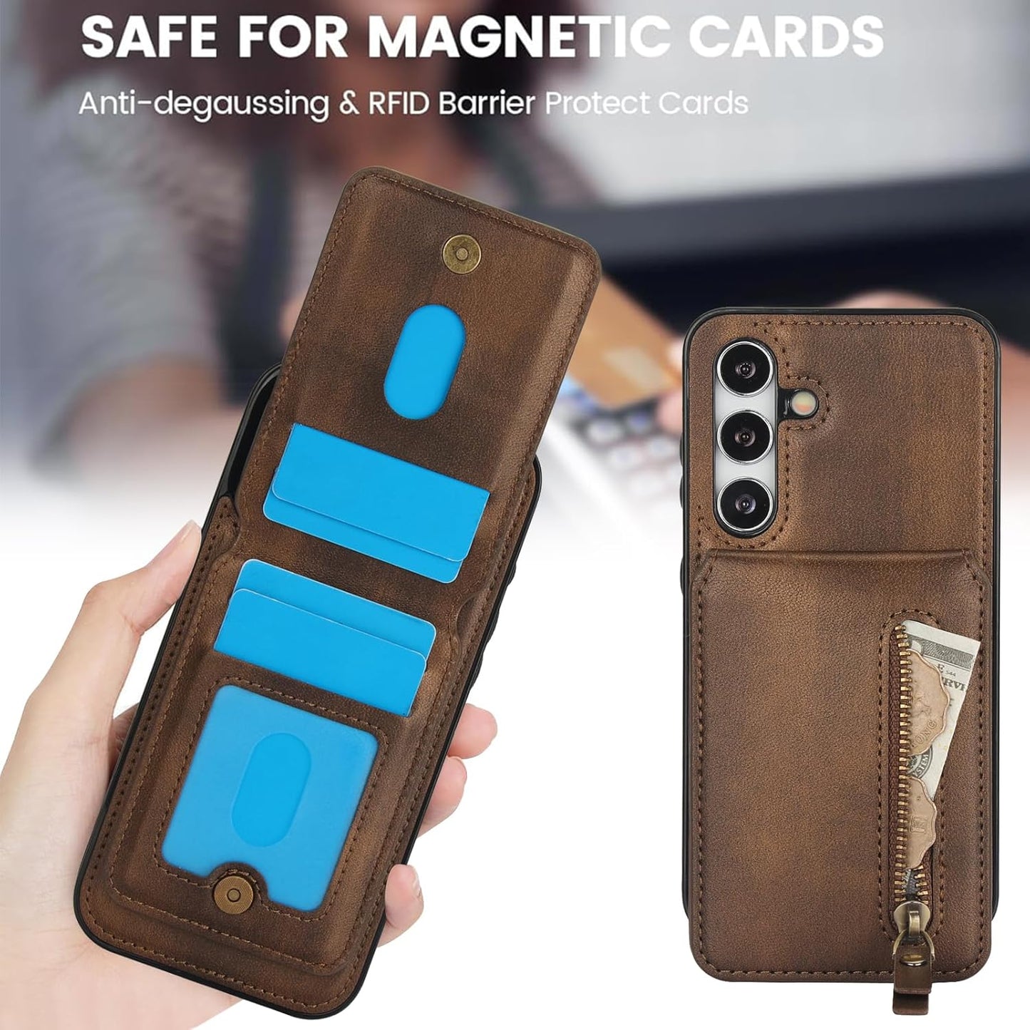 iTape Magnetic card holder phone case suitable for Samsung Galaxy S24+, zipper magnetic split magnetic wallet with adjustable bracket Blue
