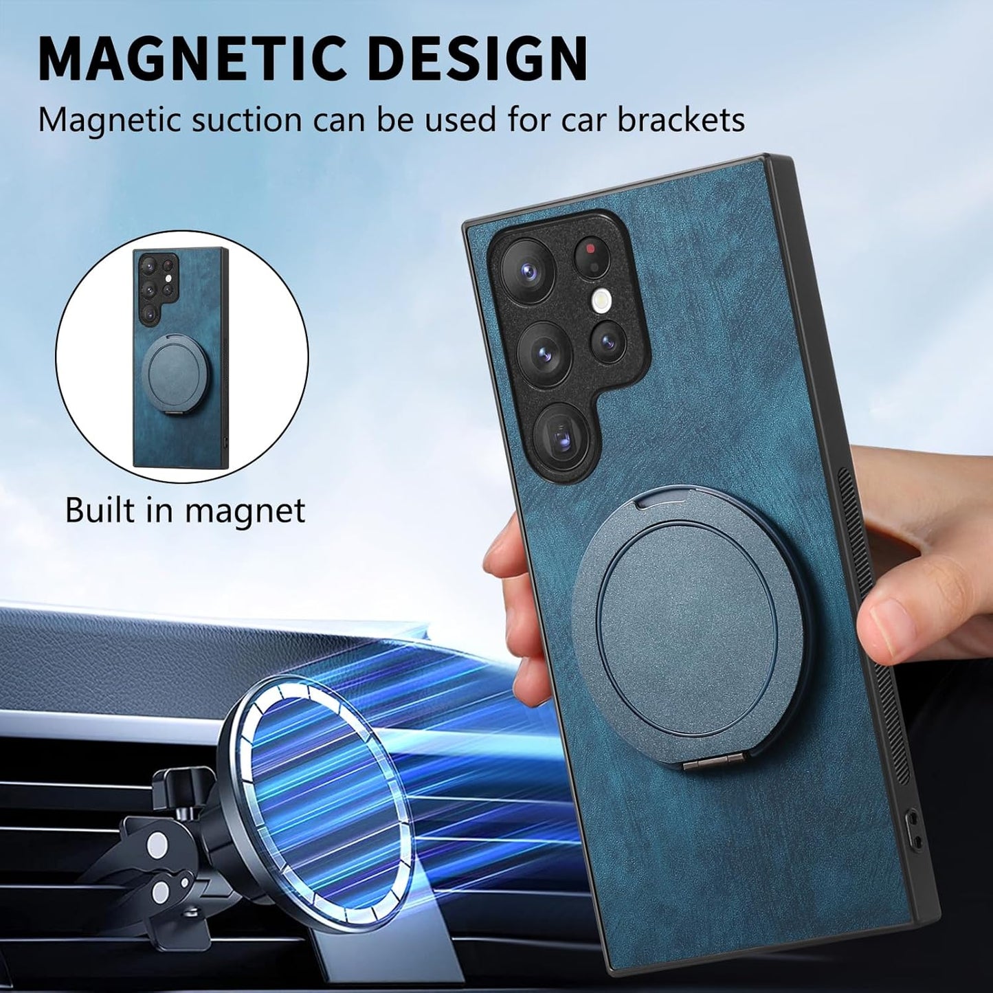 iTape Retro magnetic mobile phone case for Samsung Galaxy S25 Ultra, wireless charging magnetic car mount, round ring 360% rotating mount Green