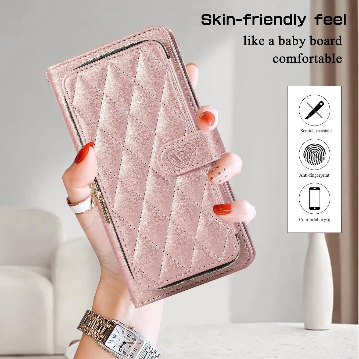 iTape Diamond Wallet Case for Google Pixel 8, Flip Leather Stand, Wrist Strap, Magnetic Closure, Shockproof Case Coin Purse Card Holder, Crossbody Strap Black