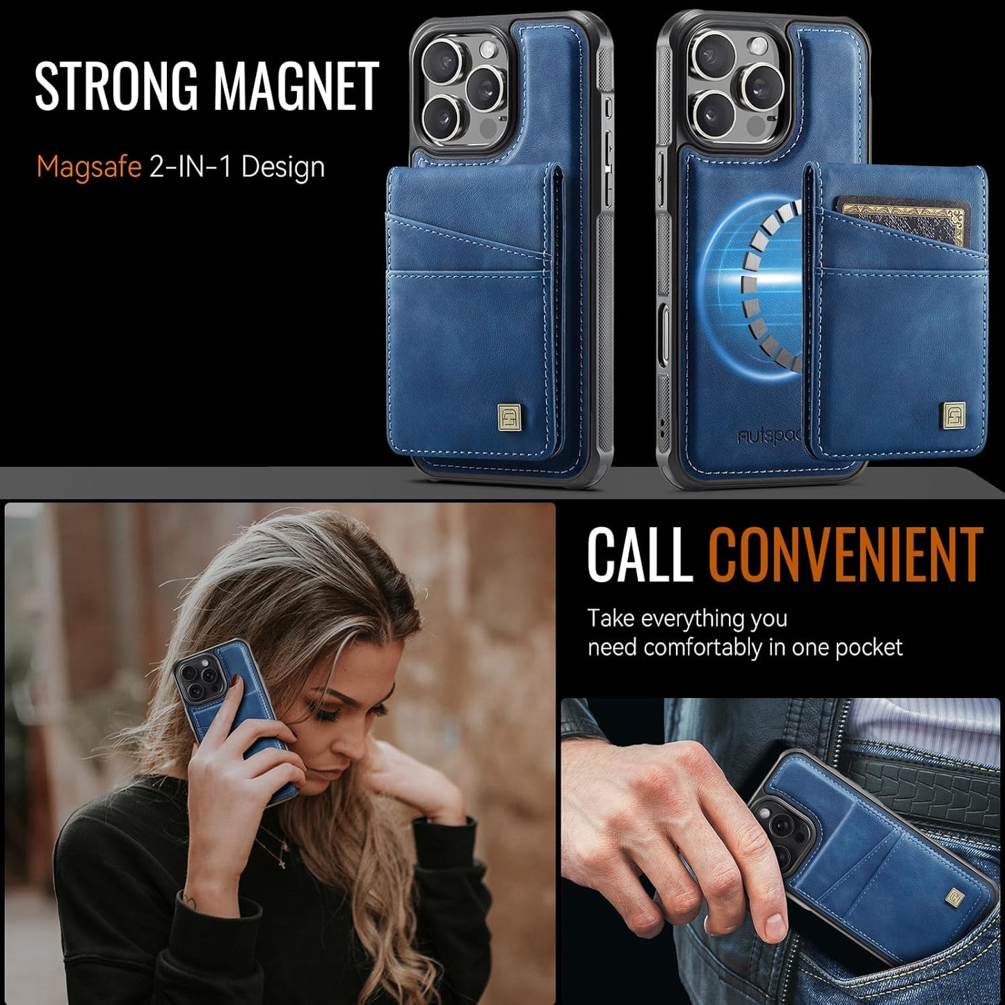 Up and down card holder mobile phone case suitable for iPhone 16 Pro, RFID (anti-theft), supports car magnetic suction function, card slot wallet holder Blue