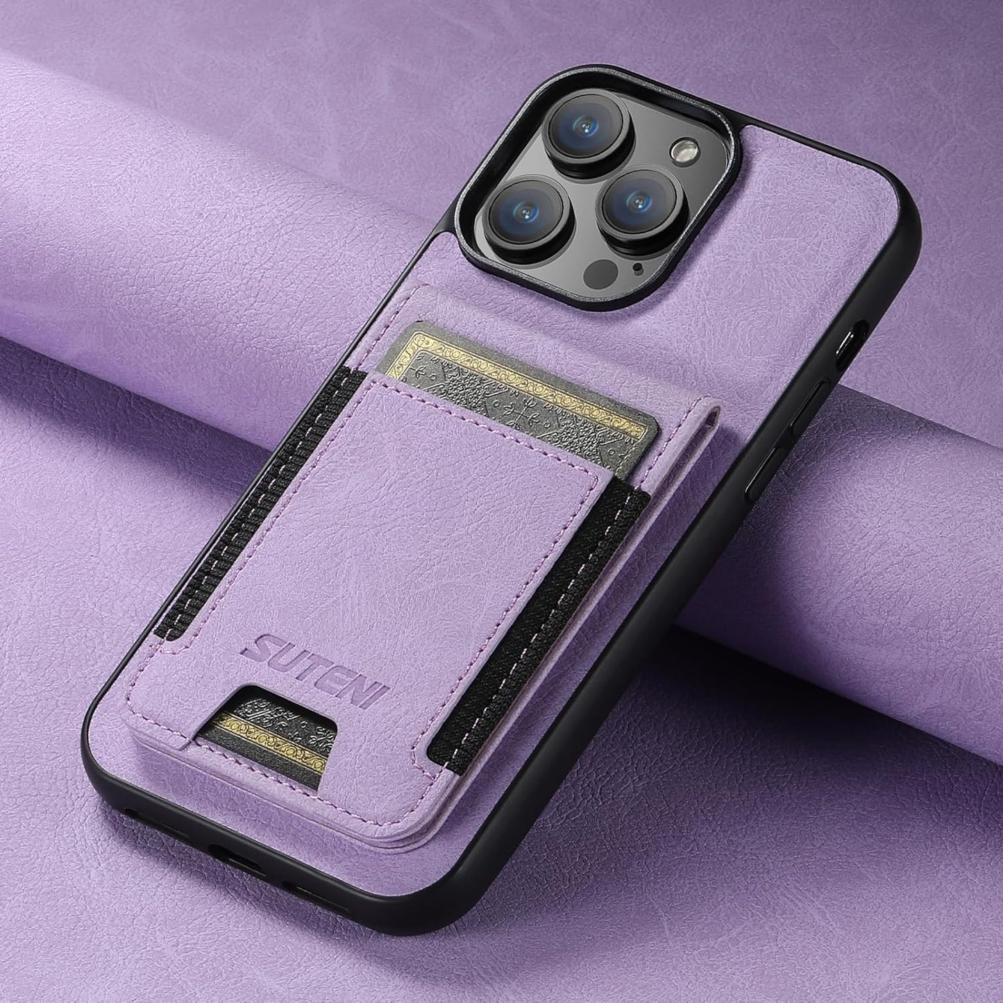Litchi Texture Phone Case for iPhone 14 Pro - Ultra-thin Simple Card Holder Phone Case with Stand Durable Buffer [Shockproof TPU Inner Shell] Pink