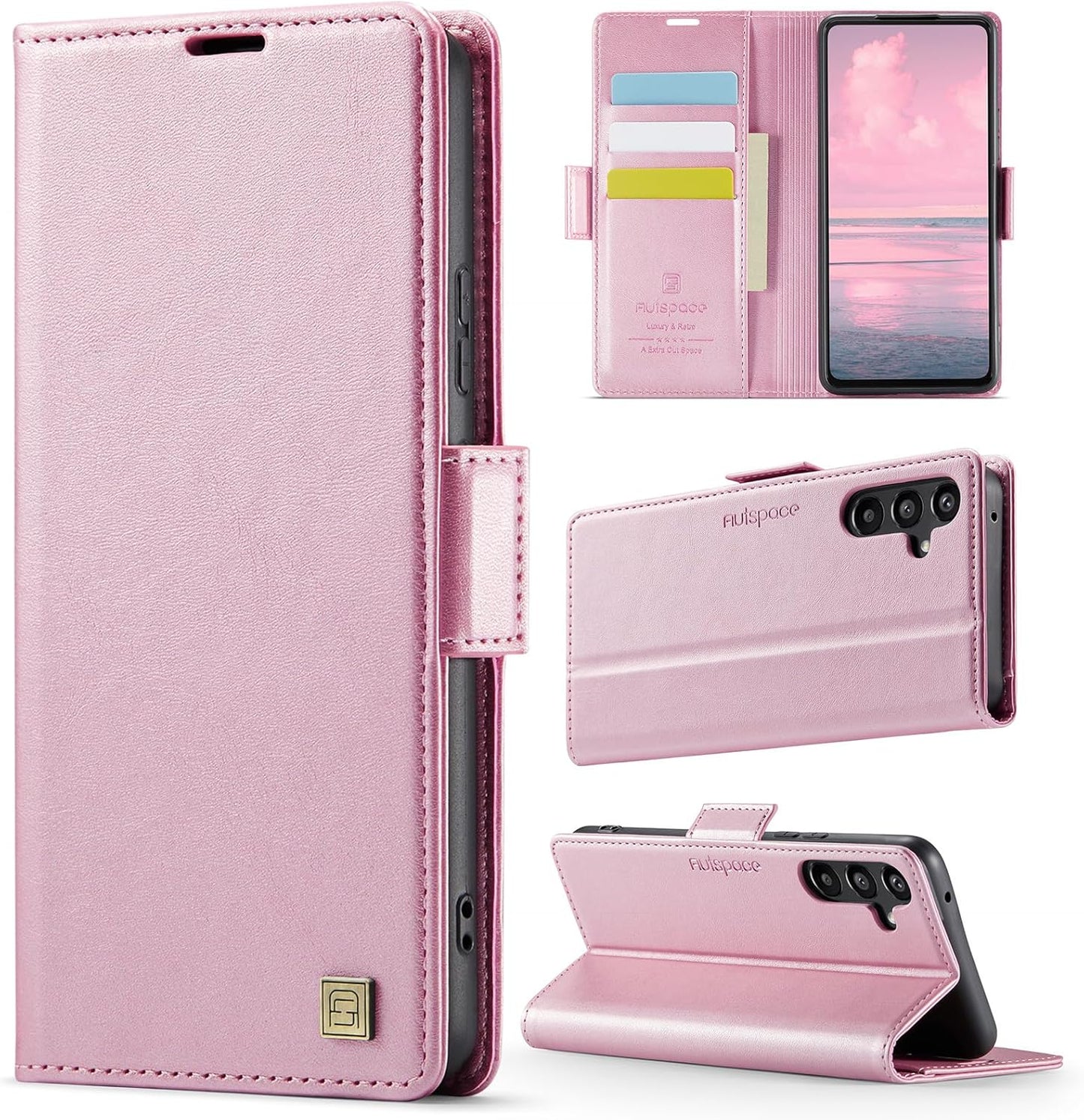 iTape Soft leather wallet case for Samsung Galaxy A54, RFID (anti-theft), wallet card slot flip cover stand for Samsung Galaxy A54 Support wireless charging Rose Gold