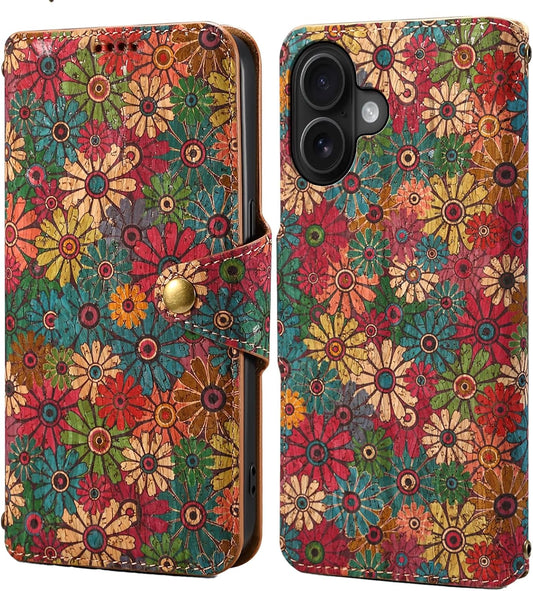 Retro Floral Pattern Phone Case for iPhone 16 Plus, Soft Touch Flip Stand Phone Case, Wallet Card Slot, Compatible with iPhone 16 Plus