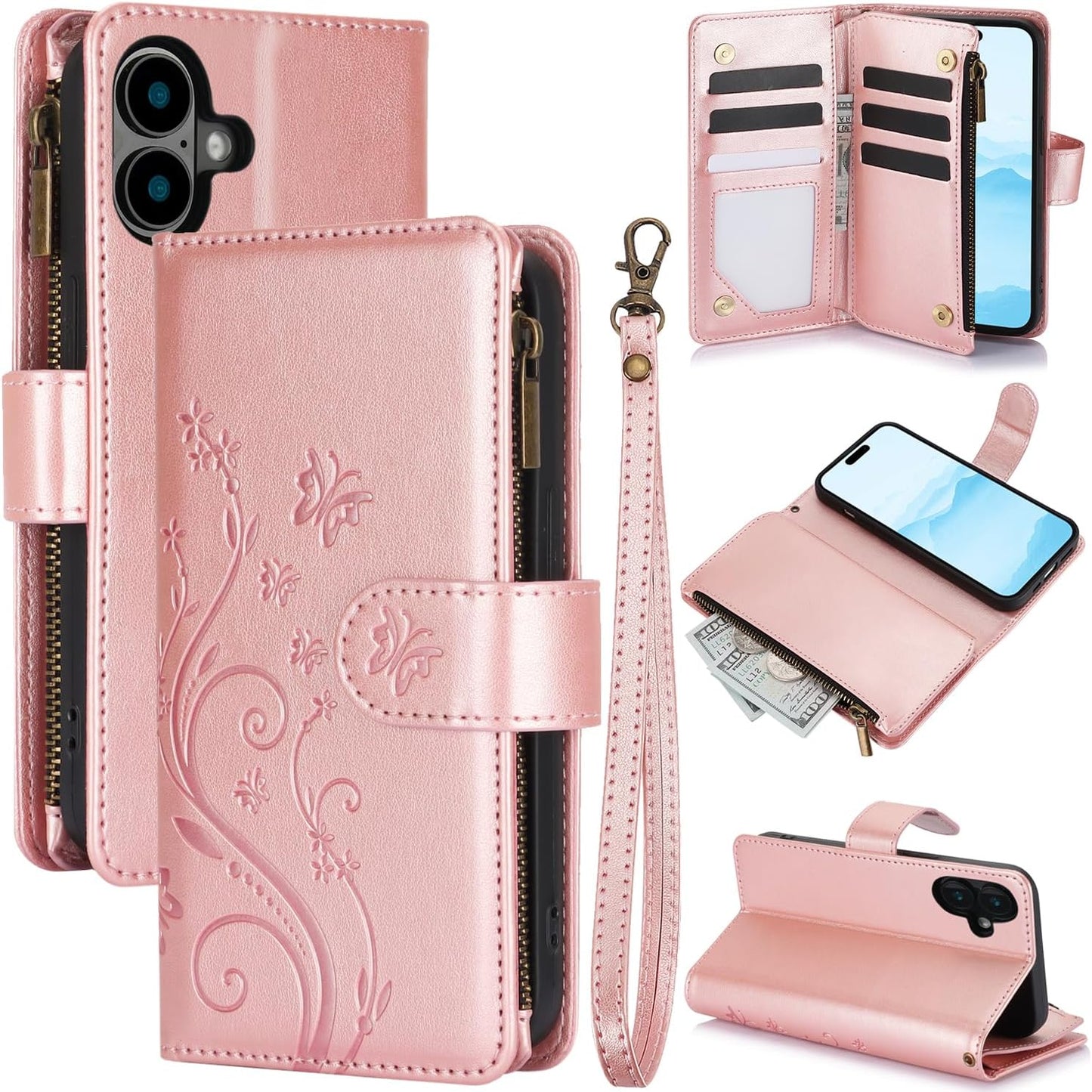 Orchid Butterfly Phone Case for iPhone 16 with Multiple Card Slots Wallet, Magnetic Closure Bracket, Shockproof Protective Phone Case Wristband