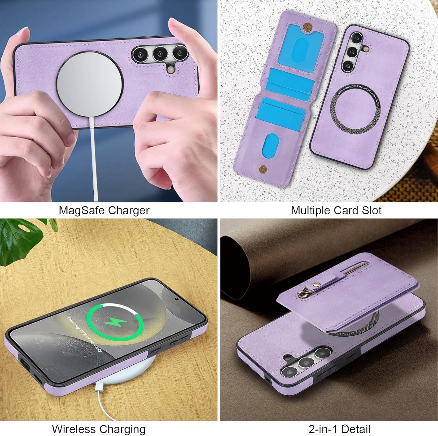 iTape Magnetic card holder phone case suitable for Samsung Galaxy S24+, zipper magnetic split magnetic wallet with adjustable bracket Blue