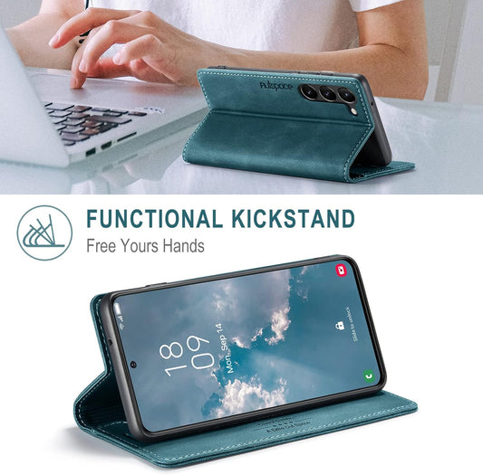 iTape Retro frosted soft leather mobile phone case for Samsung Galaxy S24, RFID (anti-theft swipe), wallet card slot flip cover stand, Green