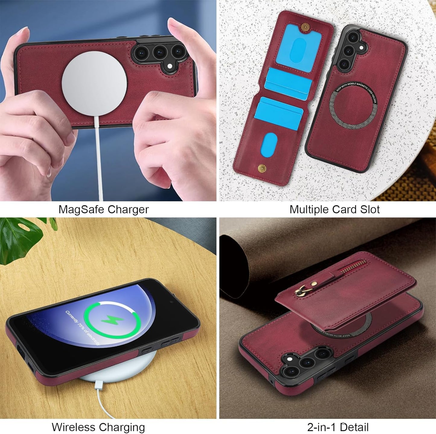 iTape Magnetic card holder phone case suitable for Samsung Galaxy S25+, zipper magnetic split magnetic wallet with adjustable bracket Pink
