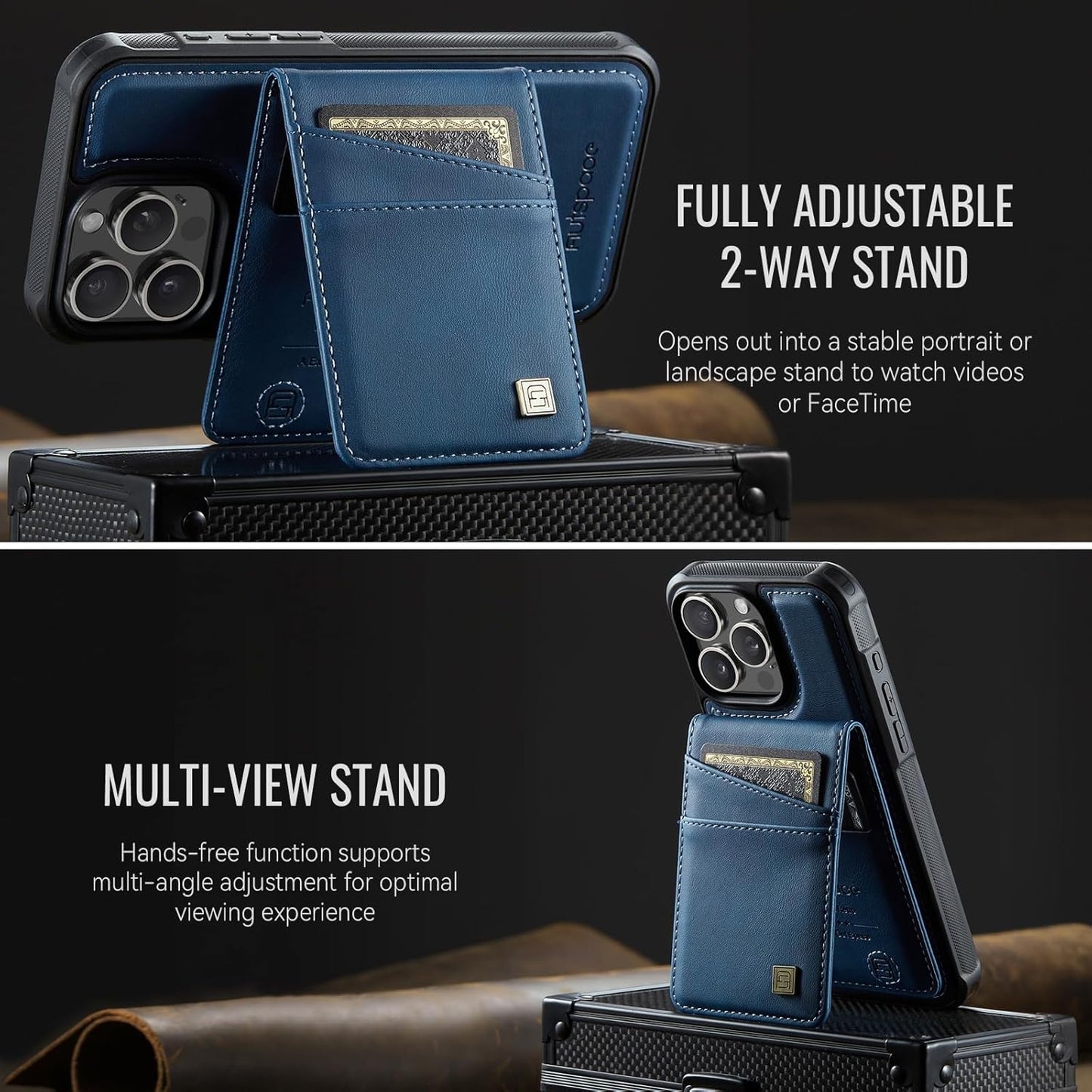 Up and down card holder mobile phone case suitable for iPhone 16 Pro, RFID (anti-theft), supports car magnetic suction function, card slot wallet holder Blue