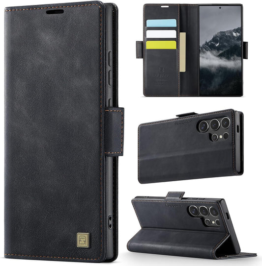 iTape Soft leather wallet case for Samsung Galaxy S25 Ultra, RFID (anti-theft), wallet card slot flip cover stand for Samsung Galaxy S25 Ultra Support wireless charging Black