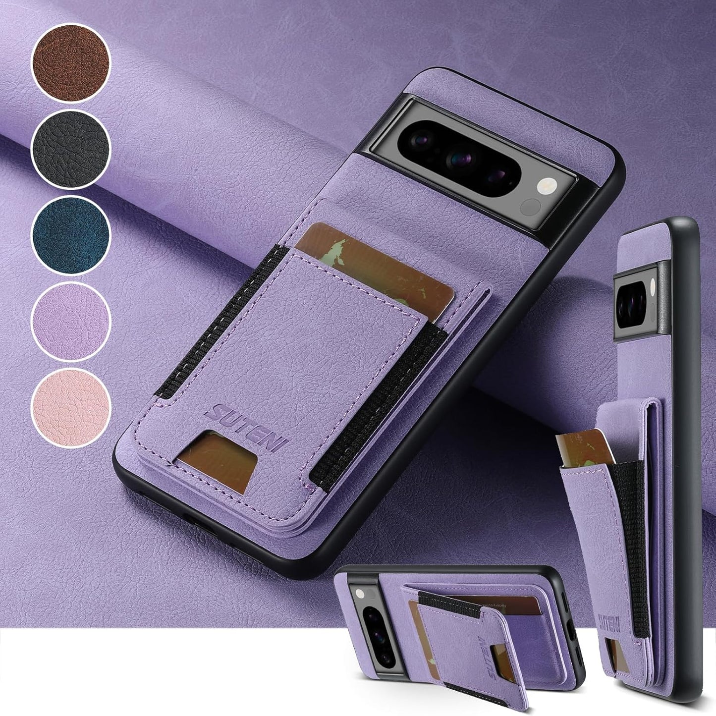 iTape Litchi Texture Phone Case for Google Pixel 8 Pro - Ultra-thin Simple Card Holder Phone Case with Stand Durable Buffer [Shockproof TPU Inner Shell] Black