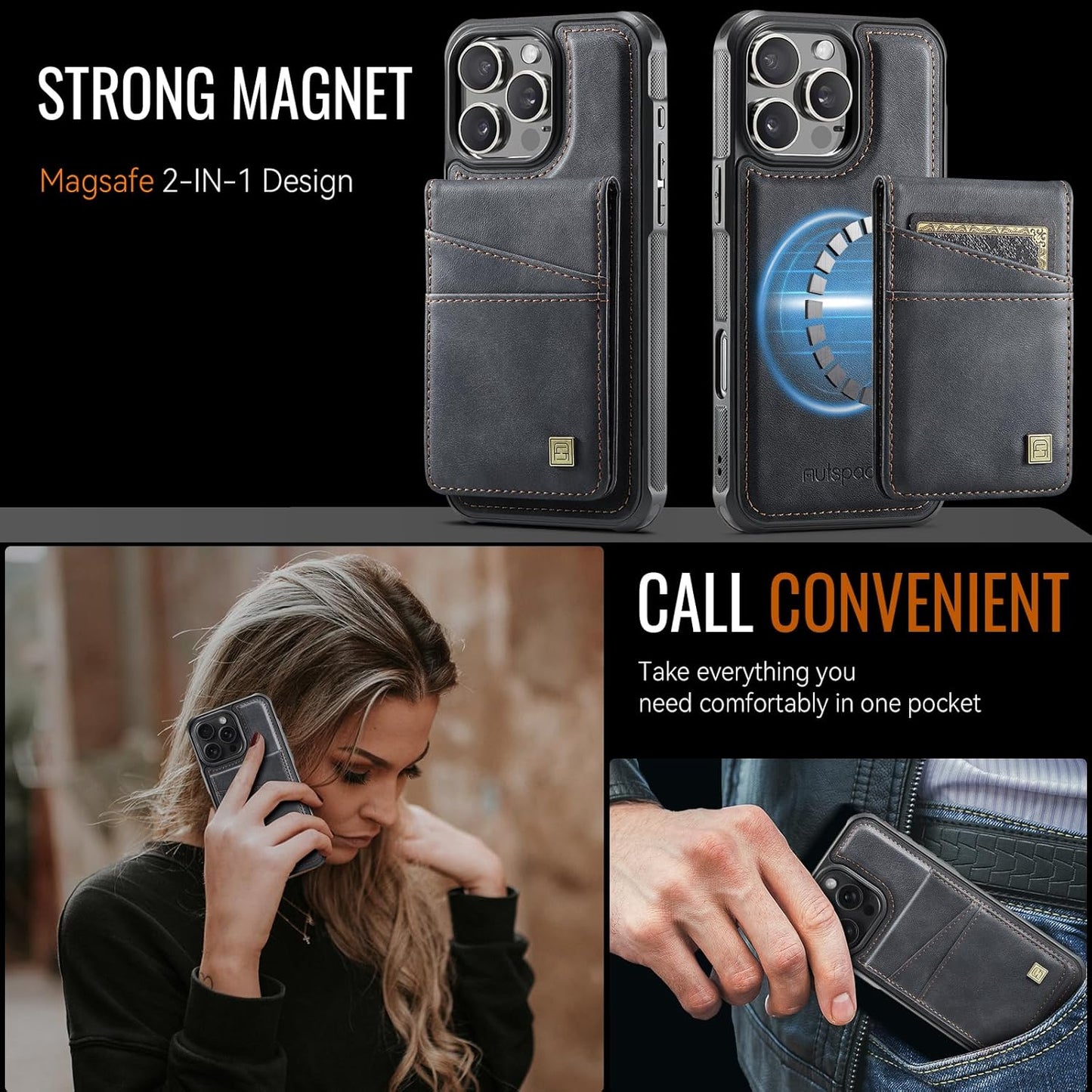 Up and down card holder mobile phone case suitable for iPhone 16 Pro, RFID (anti-theft), supports car magnetic suction function, card slot wallet holder Blue