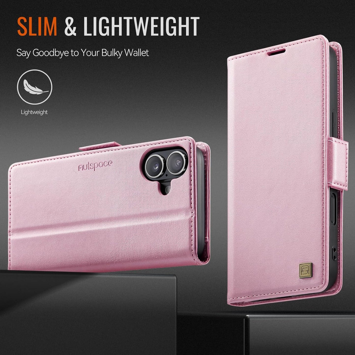 Soft leather wallet case for iPhone 16, RFID (anti-theft), wallet card slot flip cover stand for iPhone 16 Support wireless charging Rose Gold