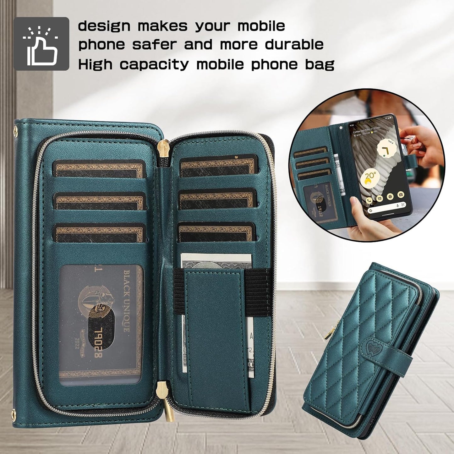 iTape Diamond Wallet Case for Google Pixel 8, Flip Leather Stand, Wrist Strap, Magnetic Closure, Shockproof Case Coin Purse Card Holder, Crossbody Strap Black