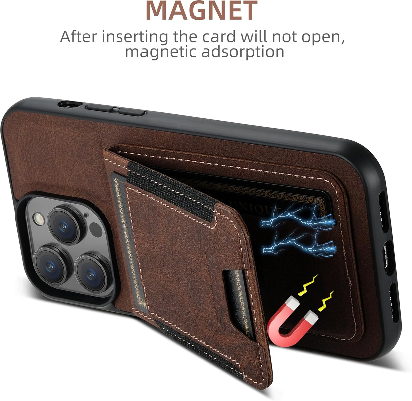 Litchi Texture Phone Case for iPhone 14 Pro max - Ultra-thin Simple Card Holder Phone Case with Stand Durable Buffer [Shockproof TPU Inner Shell] Brown