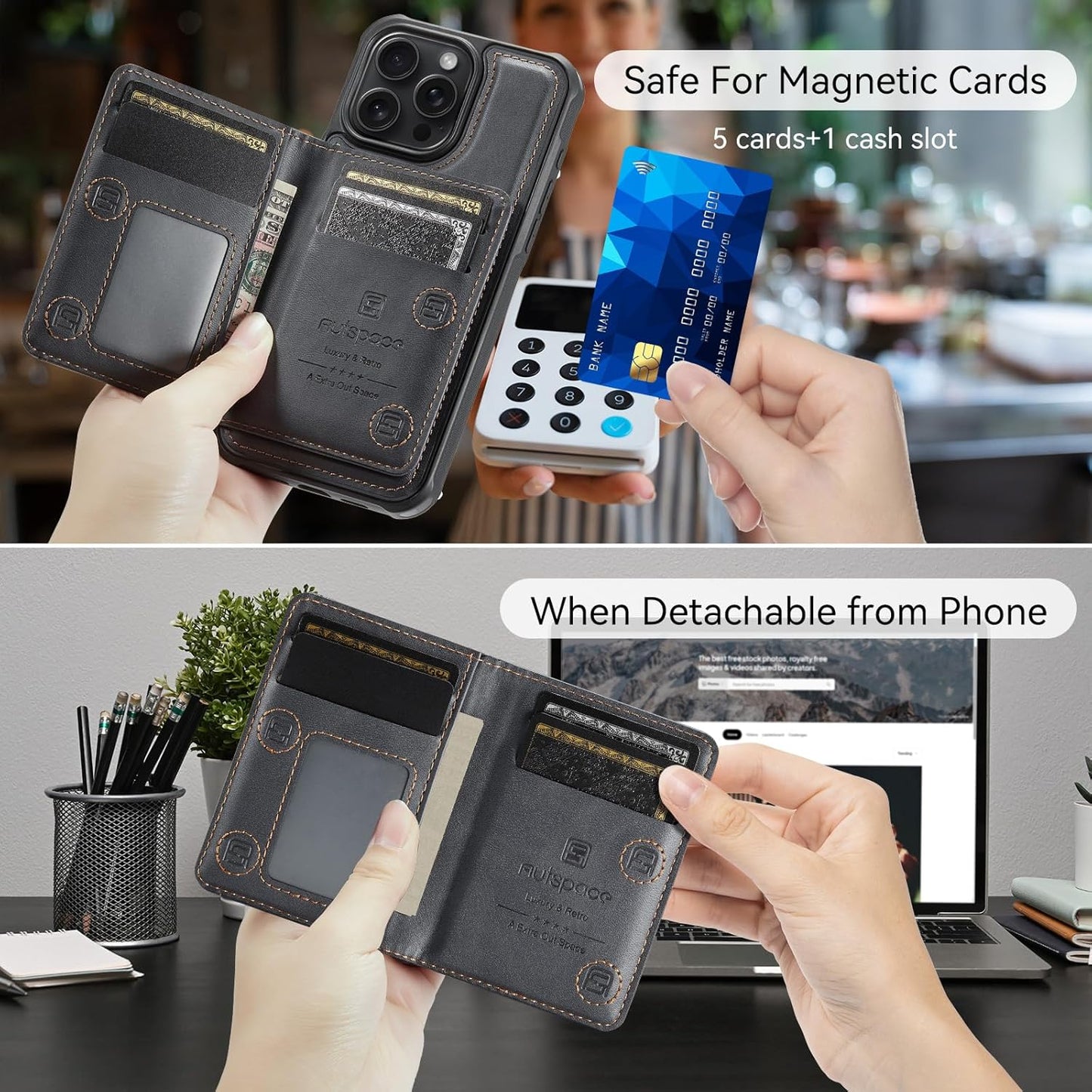 Double magnetic card holder mobile phone case for iPhone 16 Pro, RFID (anti-theft), supports car magnetic suction function + multi-directional bracket Blue