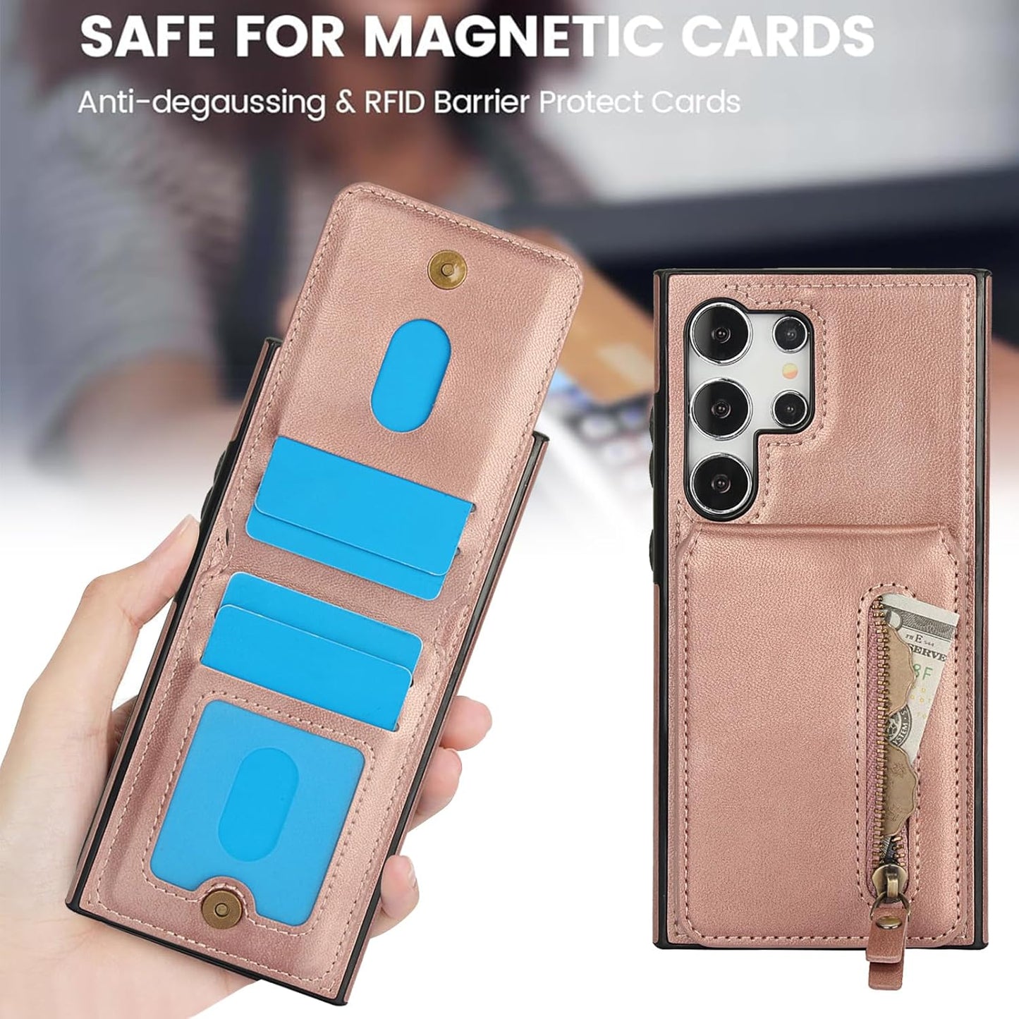 iTape Magnetic Card Holder Phone case Suitable for Samsung Galaxy S24 Ultra, Zipper Magnetic Split Magnetic Wallet with Adjustable Bracket