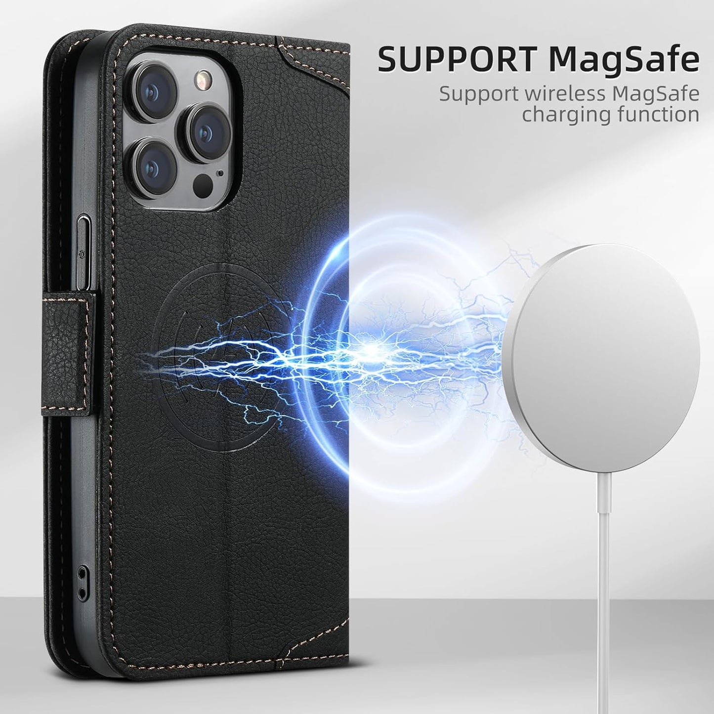 Wallet Case for iPhone 13 Pro Magsafe Charger Compatible, Magnetic Buckle Leather Case, Card Slot Stand Shock Cover Black