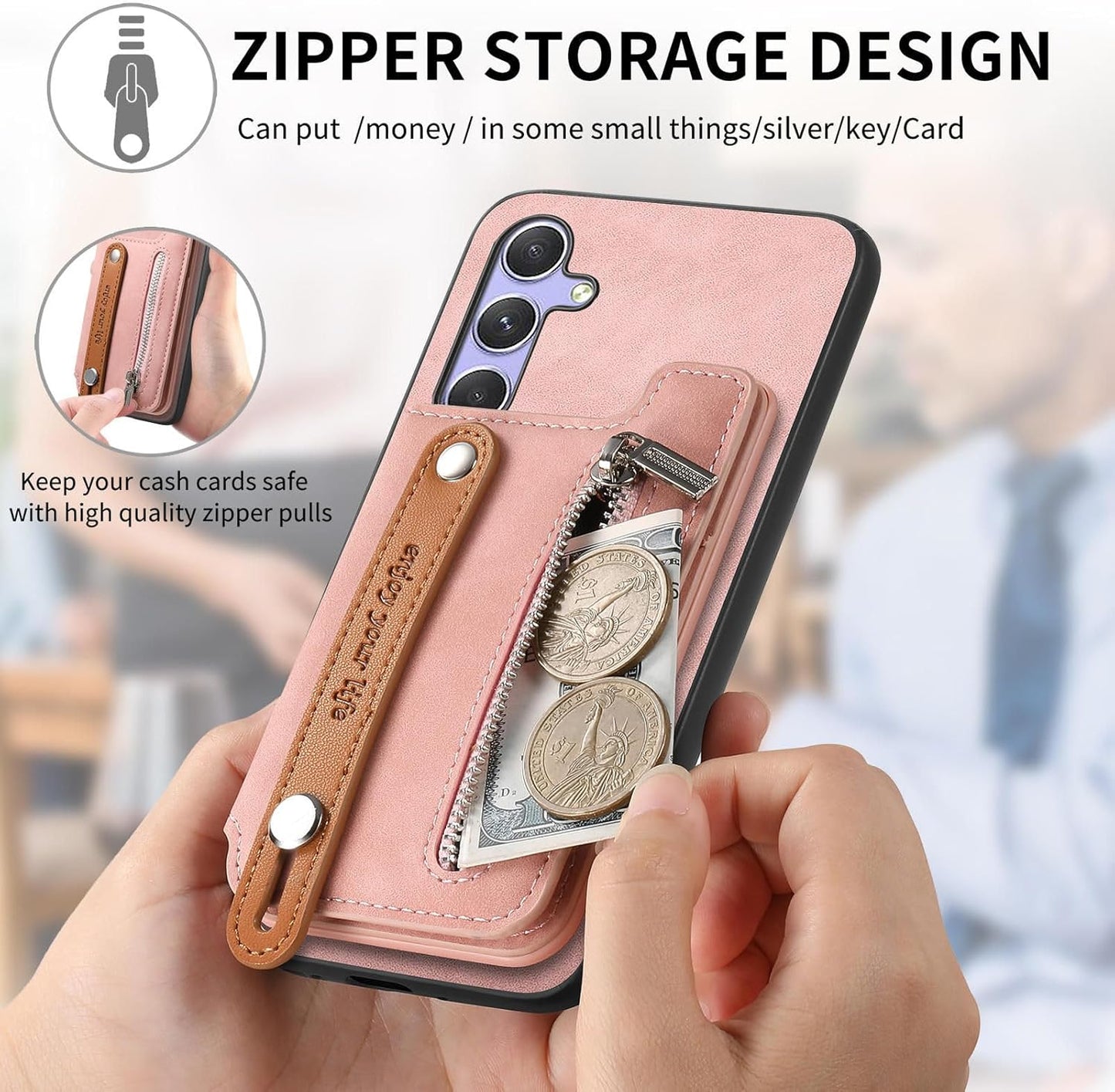 iTape Retro magnetic mobile phone case for Samsung Galaxy S25+, wireless charging magnetic car mount, Card slot, card holder, wrist strap bracket RFID anti-theft card Orange