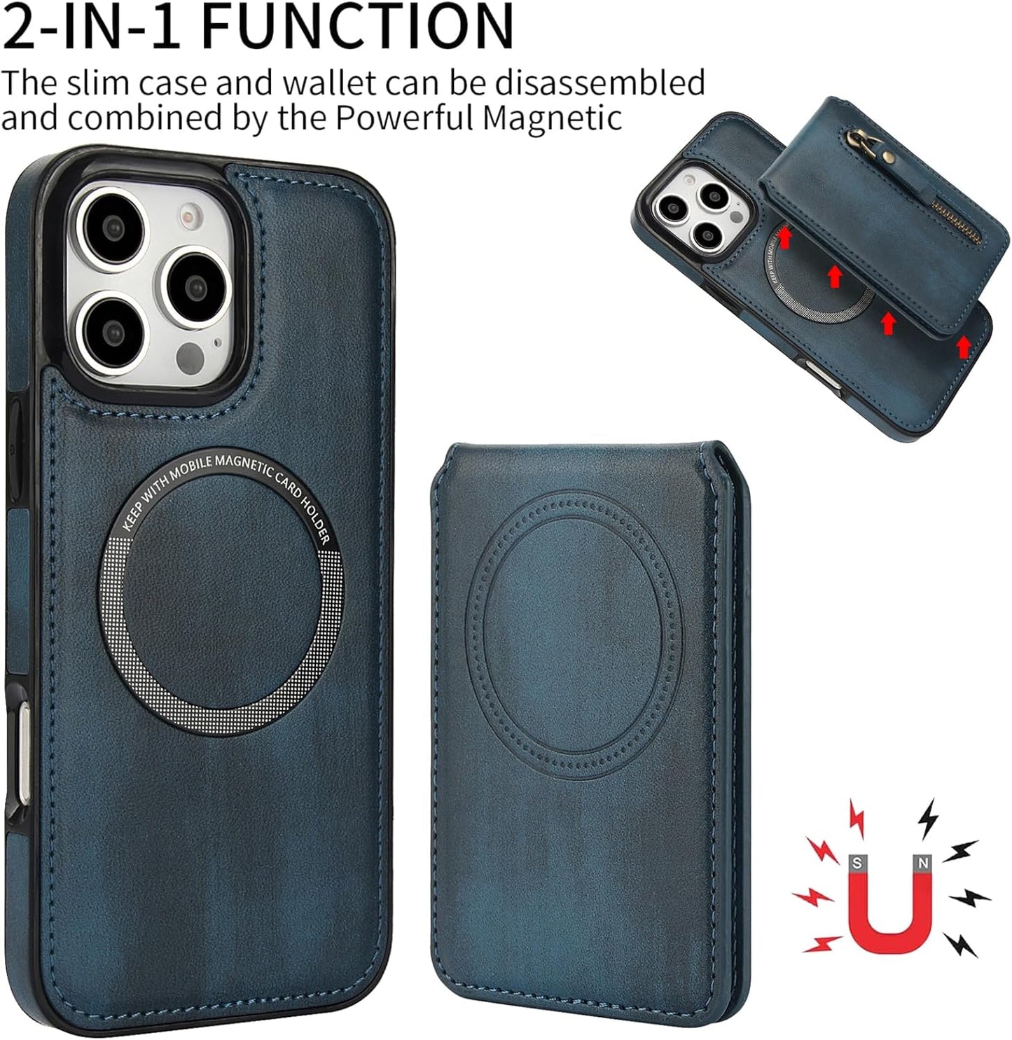 Magnetic card holder phone case suitable for iPhone 16 Pro, zipper magnetic split magnetic wallet with adjustable bracket Brown
