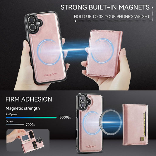 Double magnetic card holder mobile phone case for iPhone 16 Plus, RFID (anti-theft), supports car magnetic suction function + multi-directional bracket Rose Gold
