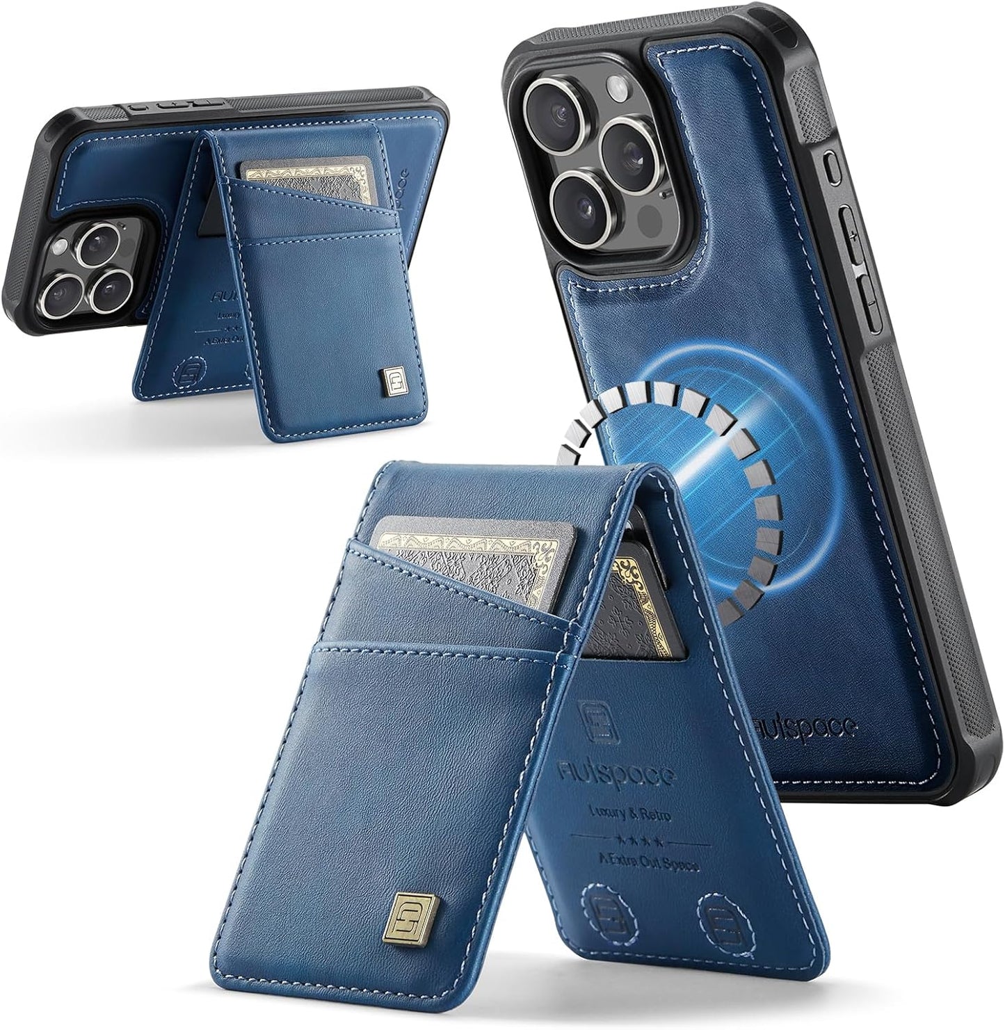 Up and down card holder mobile phone case suitable for iPhone 13 Pro max, RFID (anti-theft), supports car magnetic suction function, card slot wallet holder Blue