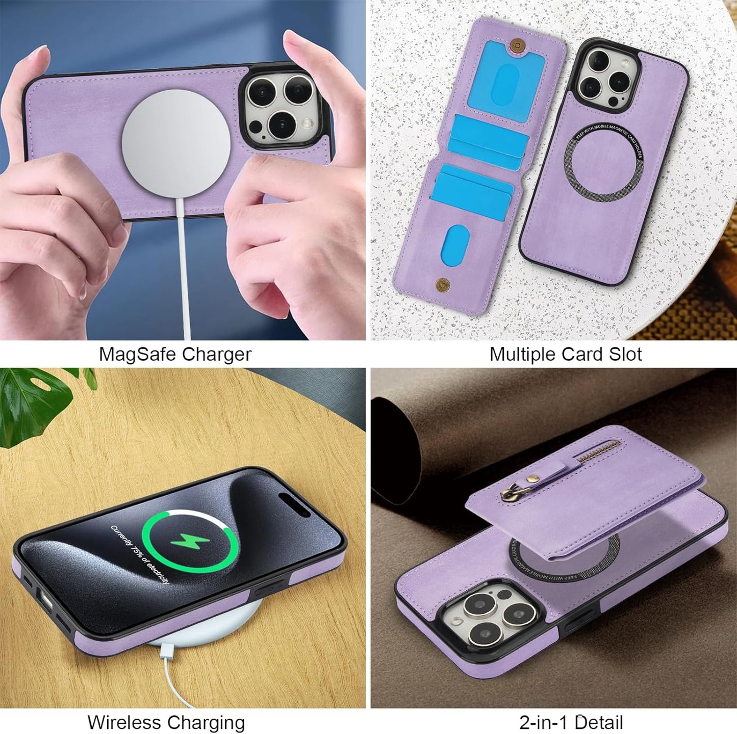 Magnetic card holder phone case suitable for iPhone 15 Pro, zipper magnetic split magnetic wallet with adjustable bracket Black