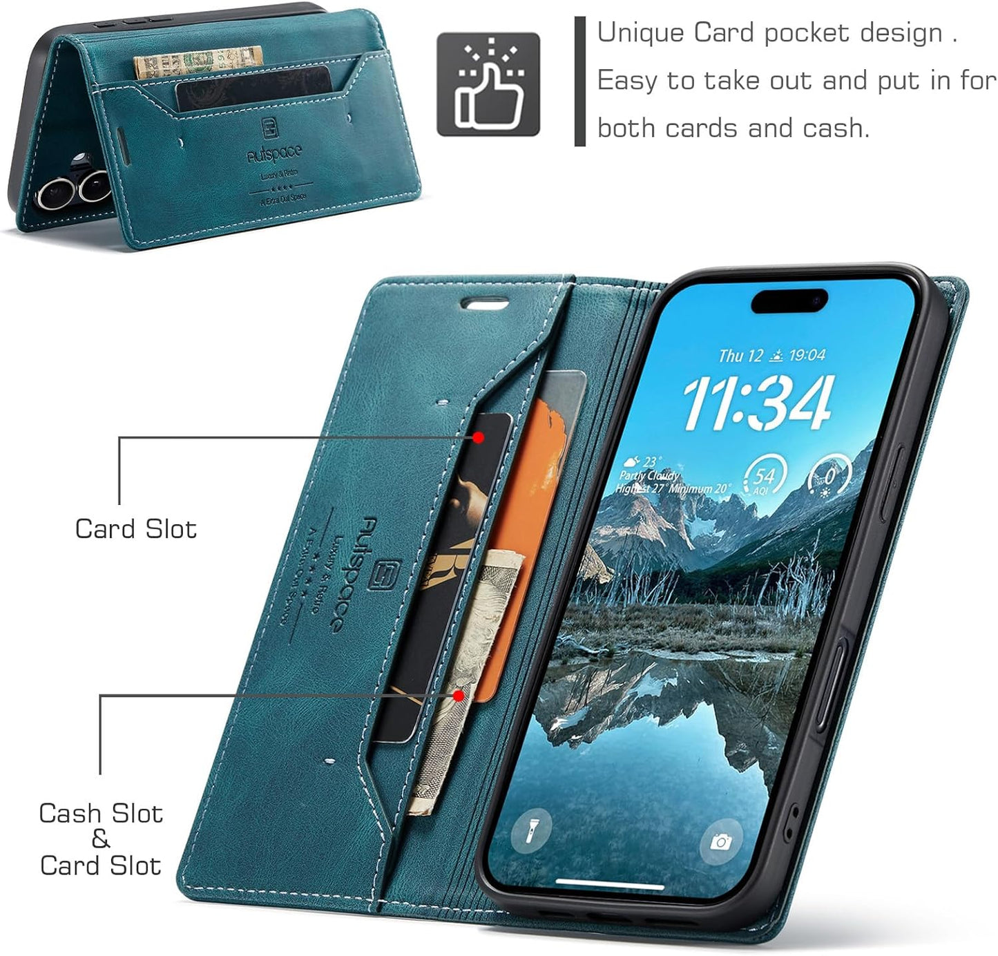 Retro frosted soft leather mobile phone case for iPhone 16, RFID (anti-theft swipe), wallet card slot flip cover stand, Red